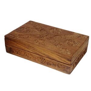 Hand Carved Wooden Box Flowers Trinket Jewelry Blue Velvet Fabric Lined 8" x 6"